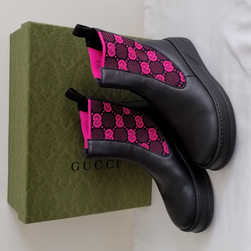 New Gucci GG Logo Leather Sock Black/ Fuchsia Pink Boots Size 39/US 9
